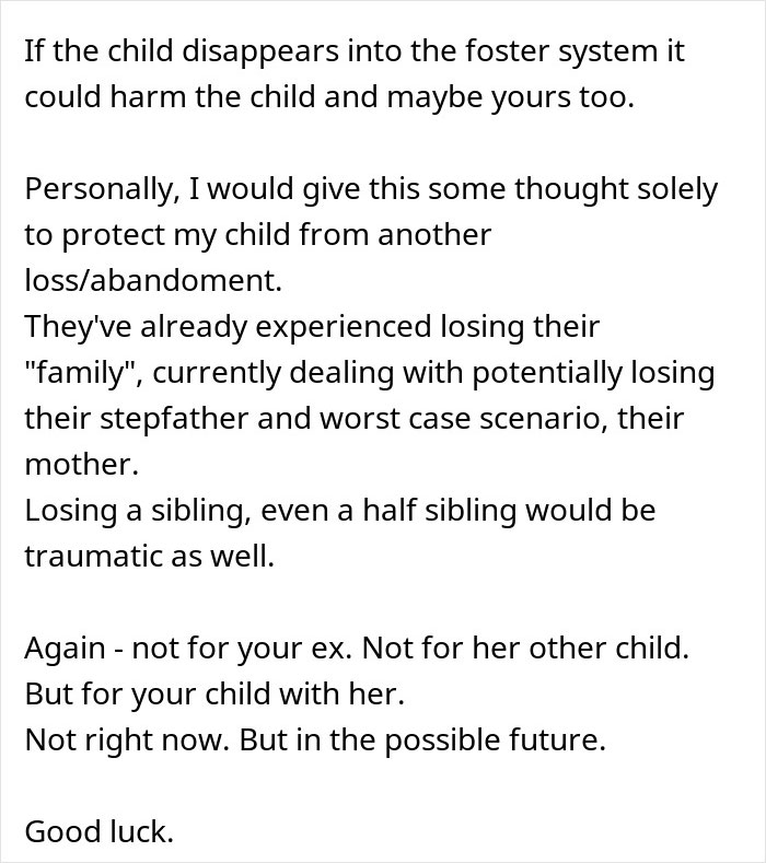 Text discussing the impact on a child when a woman expects help from her ex-husband after leaving him for another man.