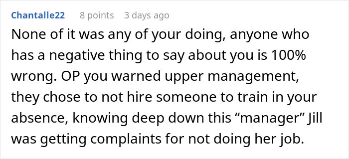 Screenshot of a forum comment about a bakery manager&rsquo;s poor performance and training issues in the workplace.