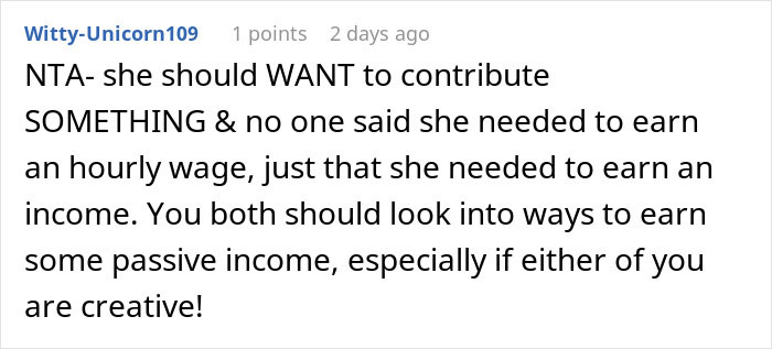 Comment discussing a woman refusing to contribute to bills after her boyfriend buys a $600K house, suggesting passive income ideas.