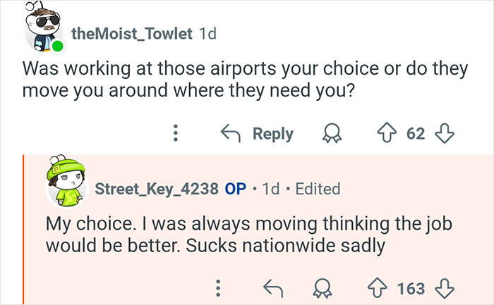Reddit conversation between a former TSA worker and user discussing job location choices and nationwide job conditions.