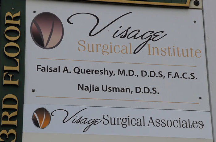 Sign for Visage Surgical Institute with names of dentists, related to morbidly obese patient and Instagram-famous dentist tooth removal.