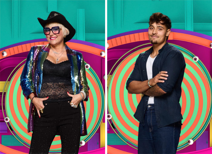 Two Big Brother housemates posing confidently against colorful circular backgrounds, highlighting the show's dramatic moments.