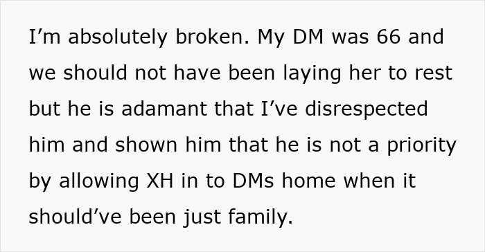 Text message expressing grief and conflict involving funeral arrangements between mother, partner, and ex-husband.