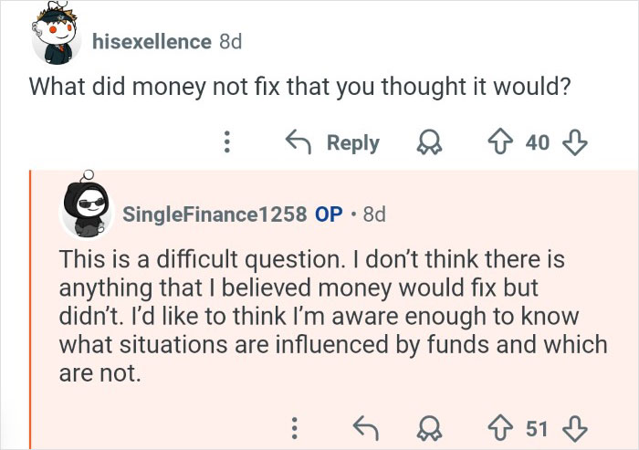 Reddit user discussing challenges and realizations from a person who won $7M in the lottery one year later.