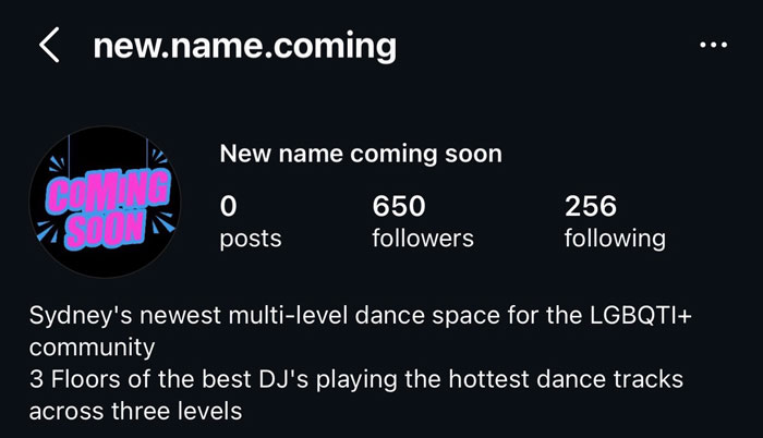 Instagram profile page for a men-only gay bar with 650 followers and a coming soon announcement.