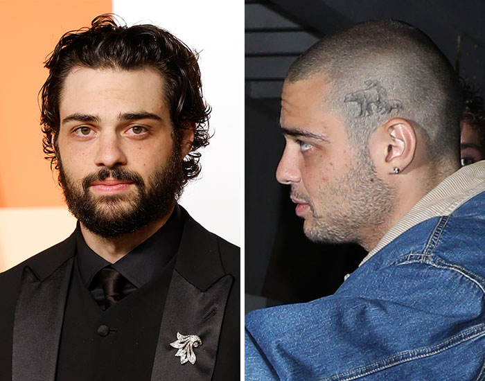 Side-by-side images of a man with tattoos, showcasing celebrity tattoos and personal tattoo styles.