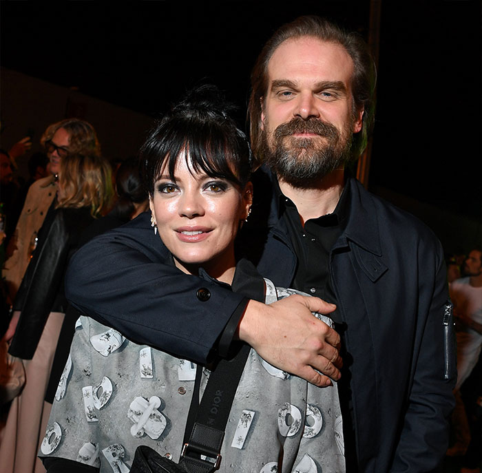 Lily Allen and David Harbour together at an event, highlighting Lily Allen's explosive new album and related claims.