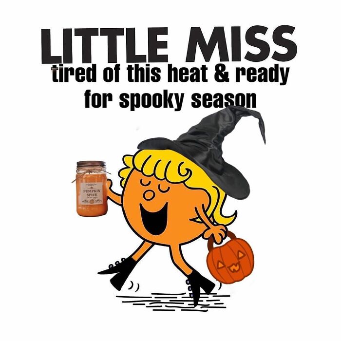 Cartoon character wearing a witch hat holding pumpkin spice candle and jack-o'-lantern, celebrating spooky Halloween season meme.
