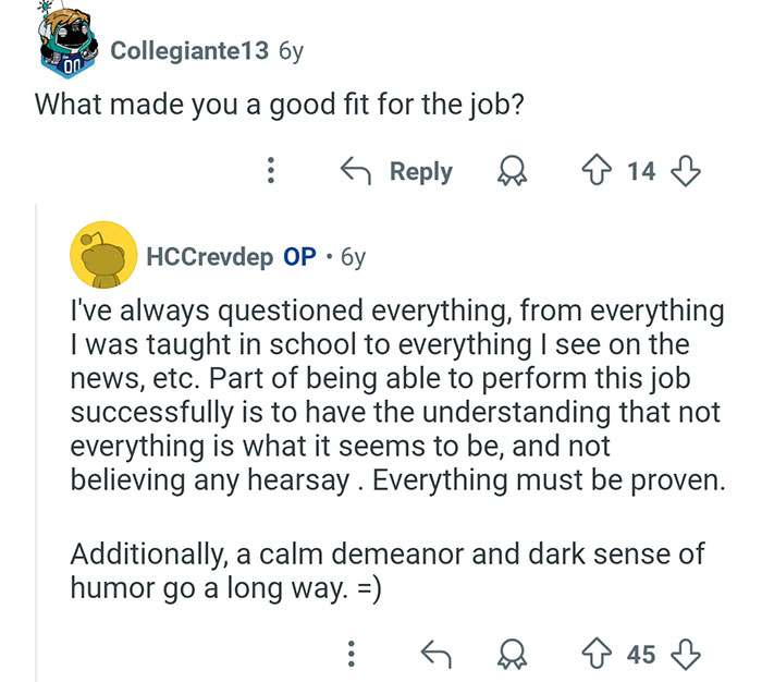 Reddit conversation showing a coroner explaining the importance of skepticism and calmness in their job.