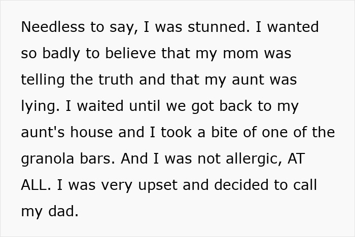 Text excerpt describing a daughter realizing her parents lied about food allergies, leading to no contact.