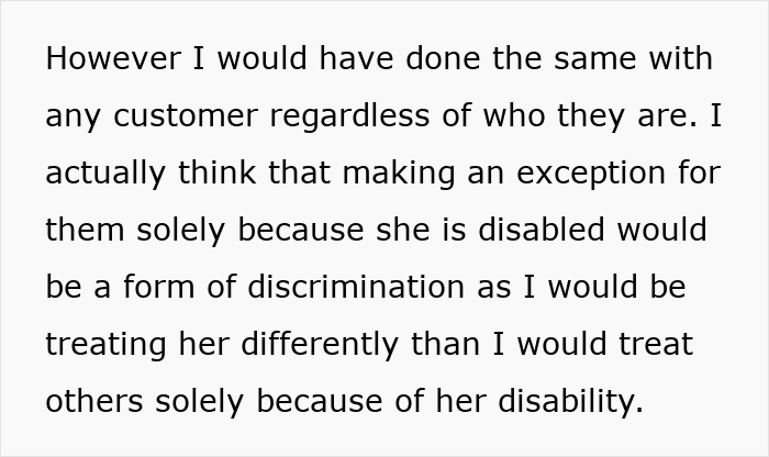 Text excerpt discussing treating an autistic woman without special exceptions to avoid discrimination based on disability.
