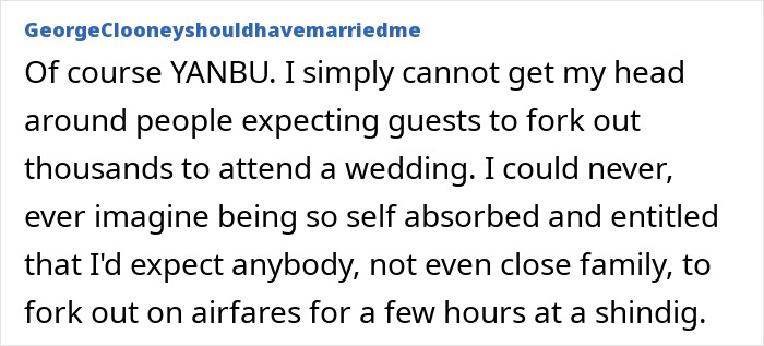 Comment about a couple willing to travel long hours and spend thousands on a child-free wedding, expressing disbelief at expectations for guests. Comment about a couple willing to travel long hours and spend thousands on a child-free wedding, expressing disbelief at expectations for guests.