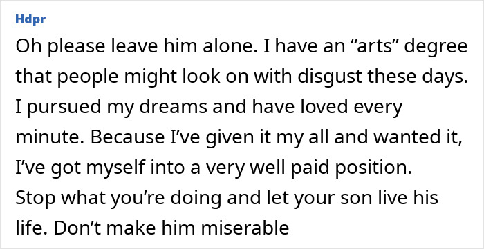 Alt text: Comment expressing support for pursuing dreams and a well-paid career despite others steering son's career choices.