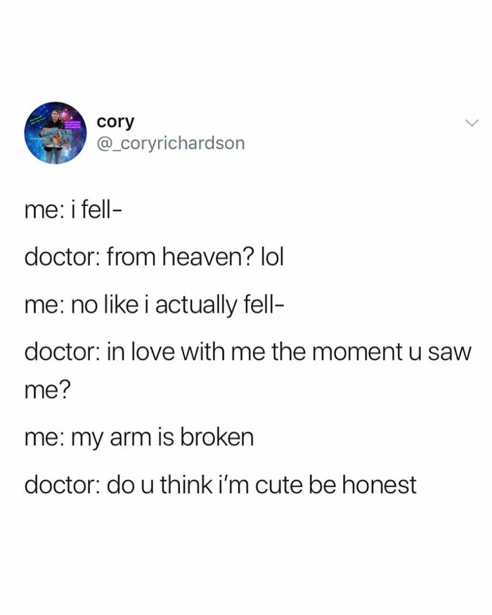 Tweet exchange with chaotic humor between a patient and doctor, showcasing funny and chaotic tweets from people.