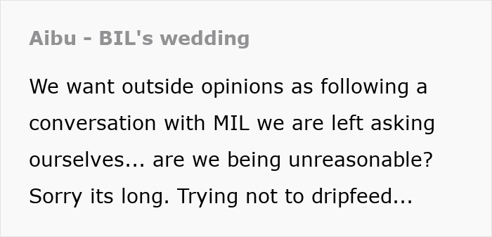 Text excerpt from a story about a couple reconsidering attending brother-in-law's wedding due to child-free policy. Text excerpt from a story about a couple reconsidering attending brother-in-law's wedding due to child-free policy.