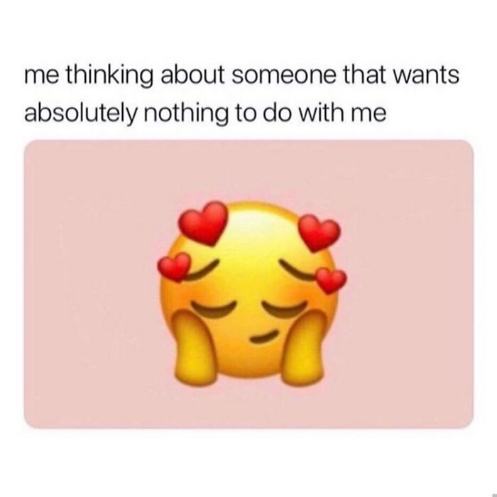 Emoji with hearts around the head expressing love and sadness about unreciprocated feelings in relatable relationship memes.