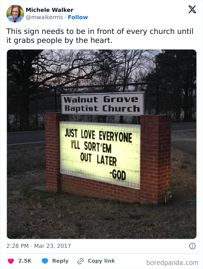 Church sign with a joke saying just love everyone, I'll sort 'em out later, showcasing funny church signs with jokes.