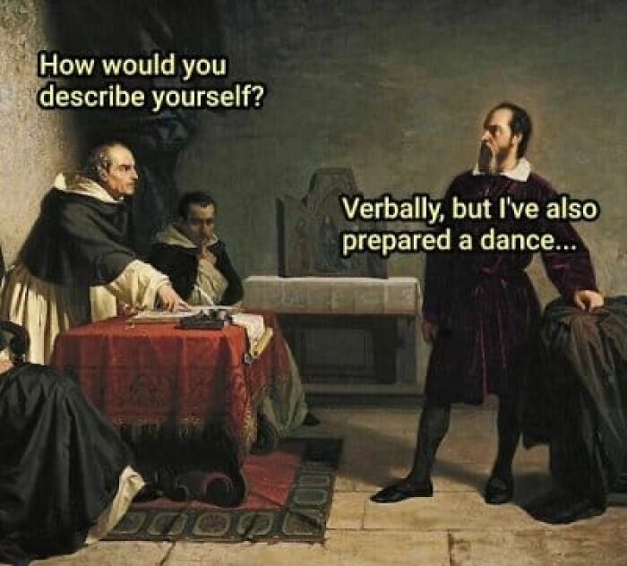 Classical painting cleverly captioned as a funny meme showing men in discussion with humorous dialogue.