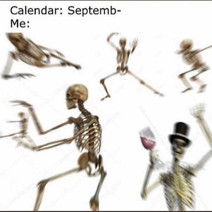Blurred dancing skeletons meme representing excitement for September, perfect for horror and Halloween fans.