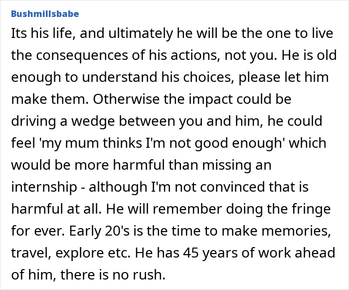 Comment discussing steer sons career against dreams, emphasizing life choices, consequences, and making memories in early 20s.