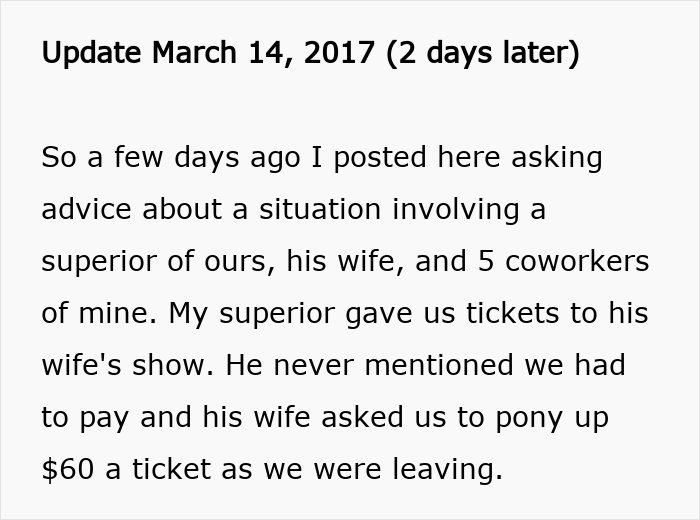 Text update about coworkers realizing they were scammed after attending superior's wife's show that wasn&rsquo;t free.