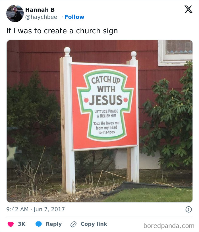 Church sign with jokes featuring a playful message about Jesus using lettuce praise and relish humor.