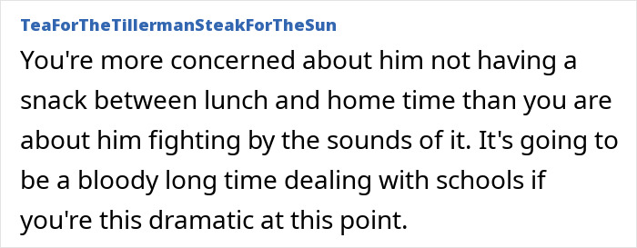 Comment discussing concern over a 5-year-old left hungry at school after teacher denies snack as consequence for fighting.