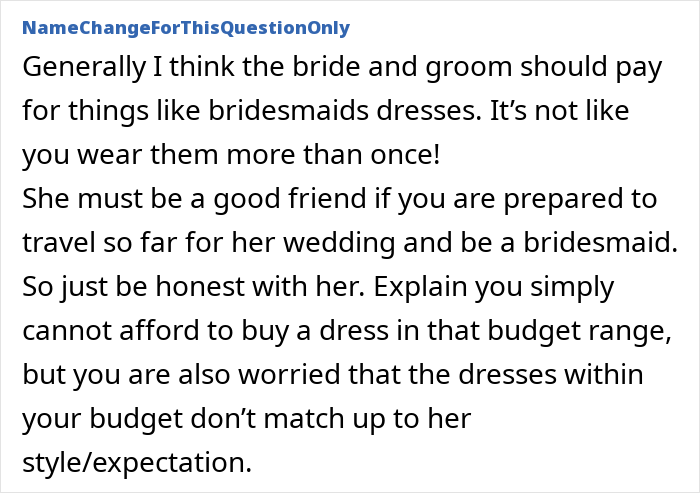 Text excerpt discussing bridesmaid dress costs and a woman upset after bride-to-be asks her to pay for her own bridesmaid dress.