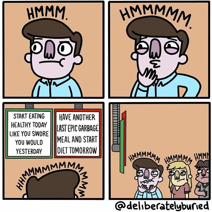 Comic strip featuring a man humorously debating between healthy eating and indulging in junk food with a dark humor twist.