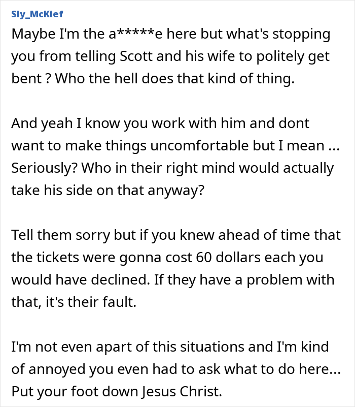 Screenshot of a Reddit comment discussing coworkers being scammed at superior&rsquo;s wife&rsquo;s show with unexpected ticket costs.
