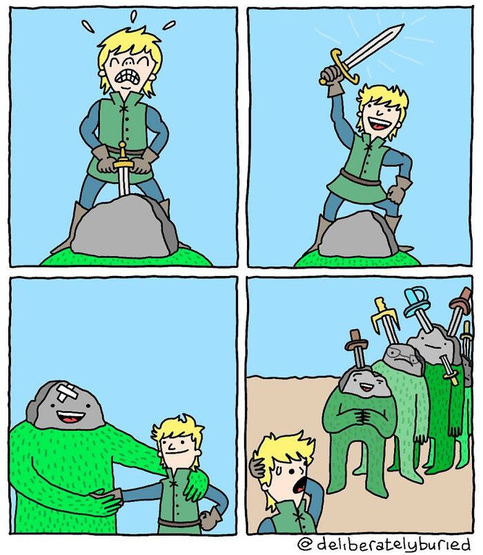 Comic panels showing a character pulling a sword from a rock, then meeting large rock creatures with swords, dark humor twist.