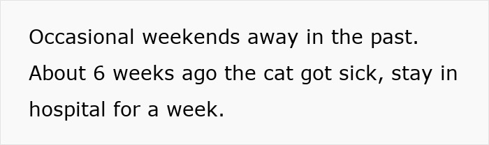 Text on a white background about a cat getting sick and staying in the hospital for a week, related to stroking cat during intimacy.