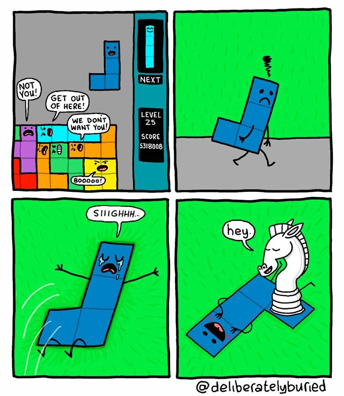 Comic panels showing a sad Tetris piece facing rejection, then comforted by a chess knight in dark humor style.