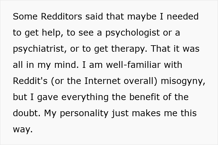 Text excerpt from Reddit post about needing help or therapy, discussing internet misogyny and personal personality traits. Text excerpt from Reddit post about needing help or therapy, discussing internet misogyny and personal personality traits.