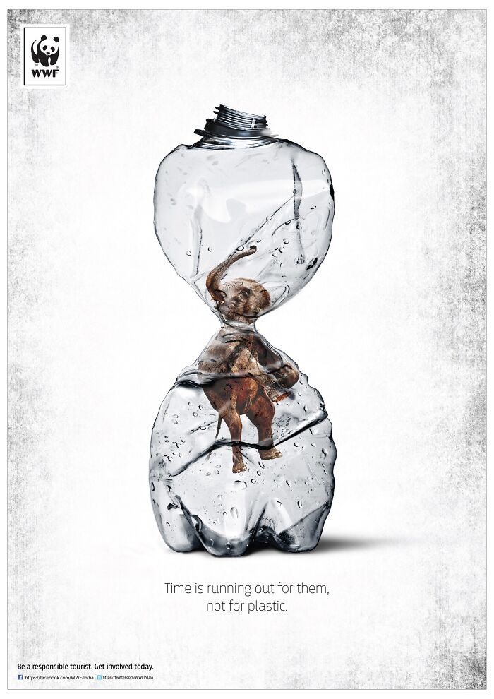 Image of a baby elephant trapped inside a crushed plastic bottle symbolizing urgent elephant conservation in ad campaigns.