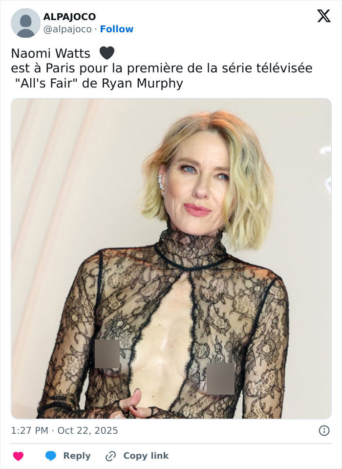 Naomi Watts in a bold braless lace outfit, stealing the spotlight with Sarah Paulson at a Paris premiere event.