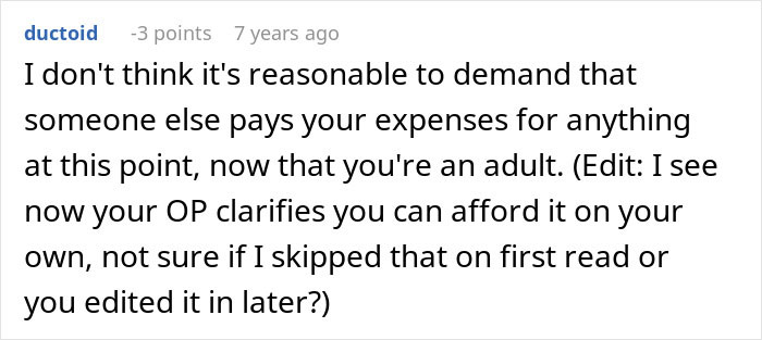 Comment discussing reasonableness of demanding others pay wedding expenses, related to bride&rsquo;s father refusing wedding abroad.