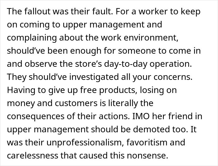 Text excerpt discussing bakery management failure and worker complaints leading to revenge on bakery manager and consequences.