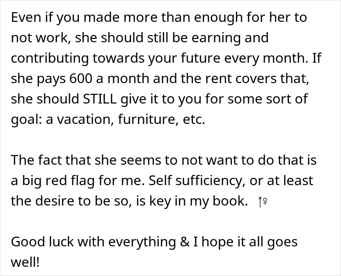 Text discussing a woman refusing to contribute to bills after her boyfriend spends $600K on a house, highlighting self-sufficiency.