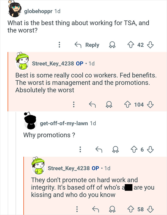 Reddit thread with a former TSA worker discussing the best and worst aspects of TSA jobs and promotions.