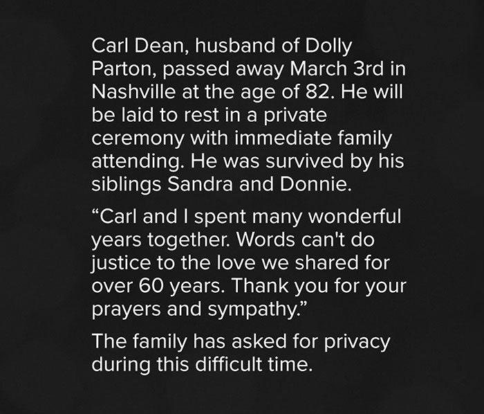 Text announcement about the passing of Carl Dean, with a family privacy request amid Dolly Parton's health struggles.