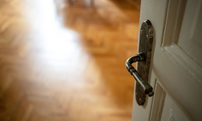 Partially open door with antique handle revealing a blurred wooden floor, symbolizing unexpected and awkward moments seen.