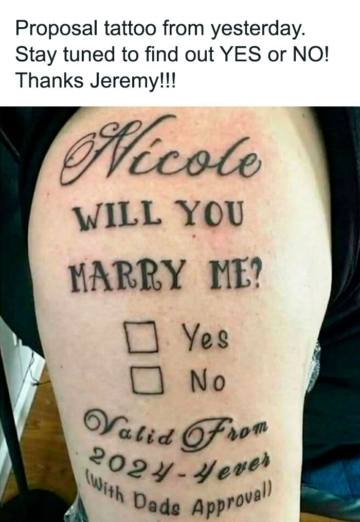 Proposal tattoo on arm asking Nicole to marry with yes or no checkboxes, an example of awful tattoos lacking smart decisions.