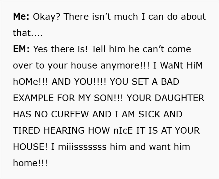 Text message conversation showing a woman confronted by daughter’s boyfriend’s mom angry about her son’s visits. Text message conversation showing a woman confronted by daughter’s boyfriend’s mom angry about her son’s visits.