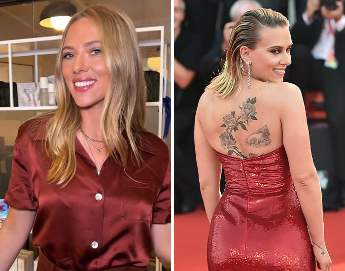Side-by-side images of celebrities with tattoos, one smiling indoors and the other showing a detailed back tattoo at a red carpet event.