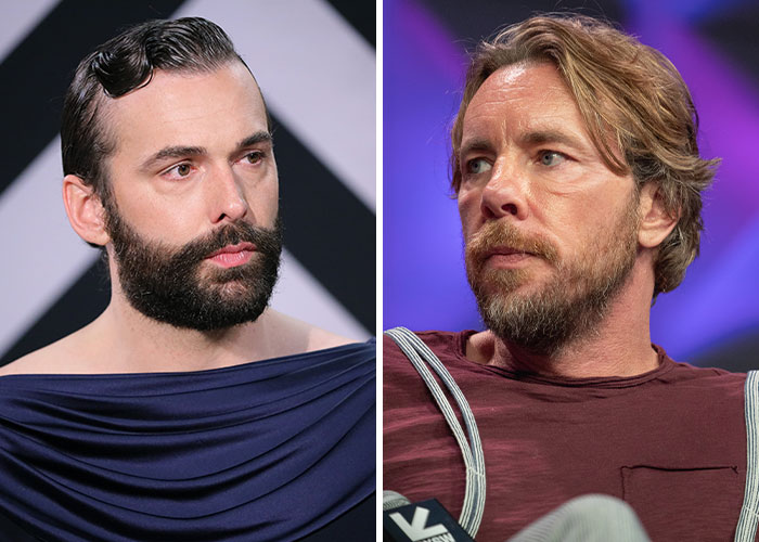 Two men with beards in separate close-up shots, representing controversies involving Kristen Bell and Dax Shepard.