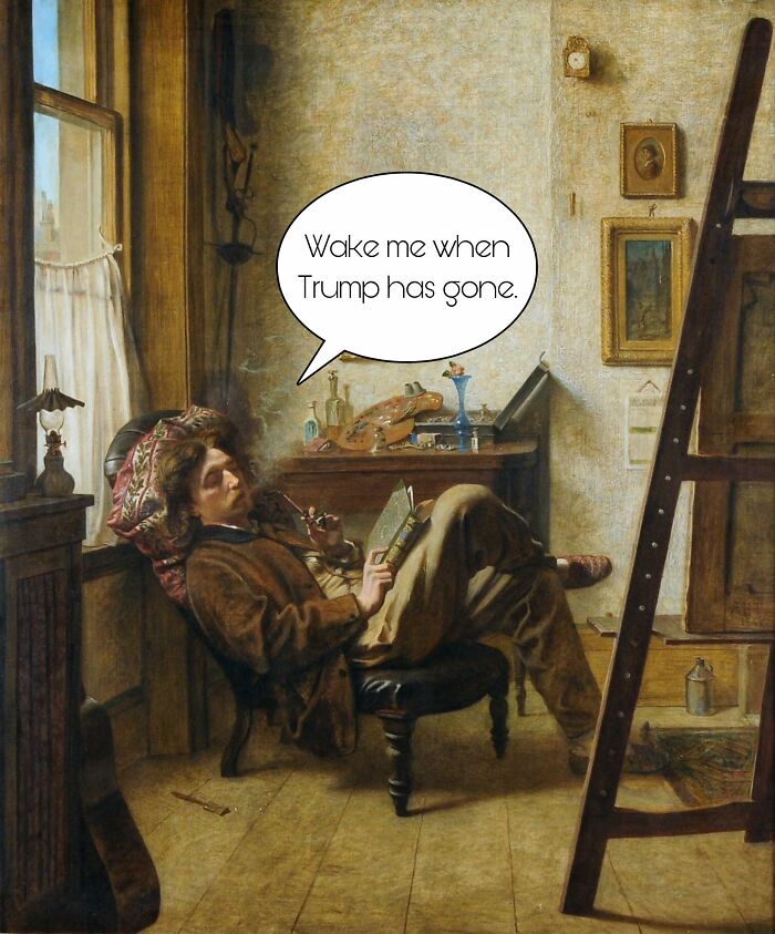 Man reclining in classic room with easel, reading book and smoking, captioned as a clever classical painting meme.