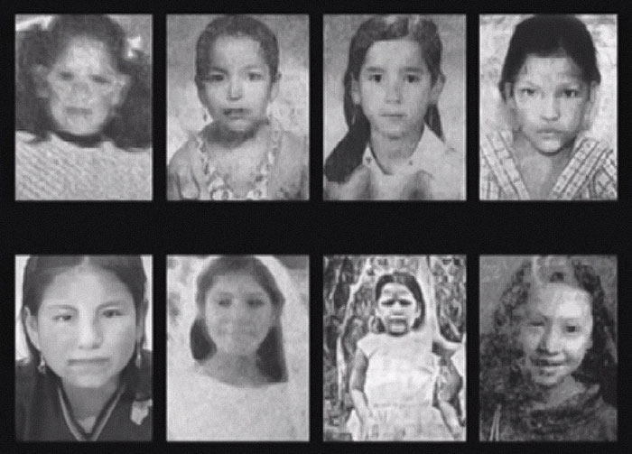 Black and white photos of young girls who were victims linked to a monster who strangled over 100 young girls.