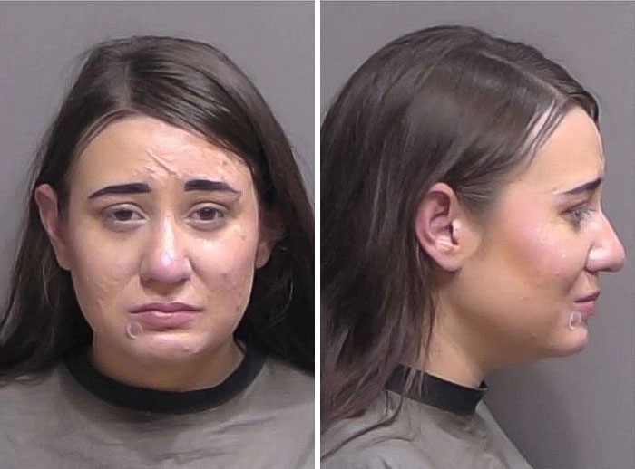 Mugshot of a woman with injuries on her face and long dark hair, facing front and side against a neutral background. Mugshot of a woman with injuries on her face and long dark hair, facing front and side against a neutral background.