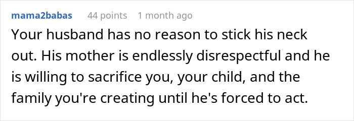 Comment discussing a new mom confronting her mother-in-law&rsquo;s unhinged behavior and family sacrificial dynamics.